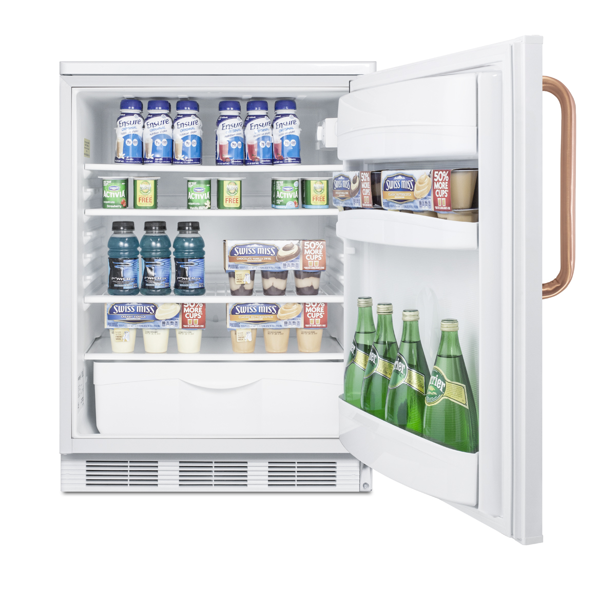 Freestanding counter height all-refrigerator for general purpose use, with pure copper handle, front lock, automatic defrost operation, and white exterior
